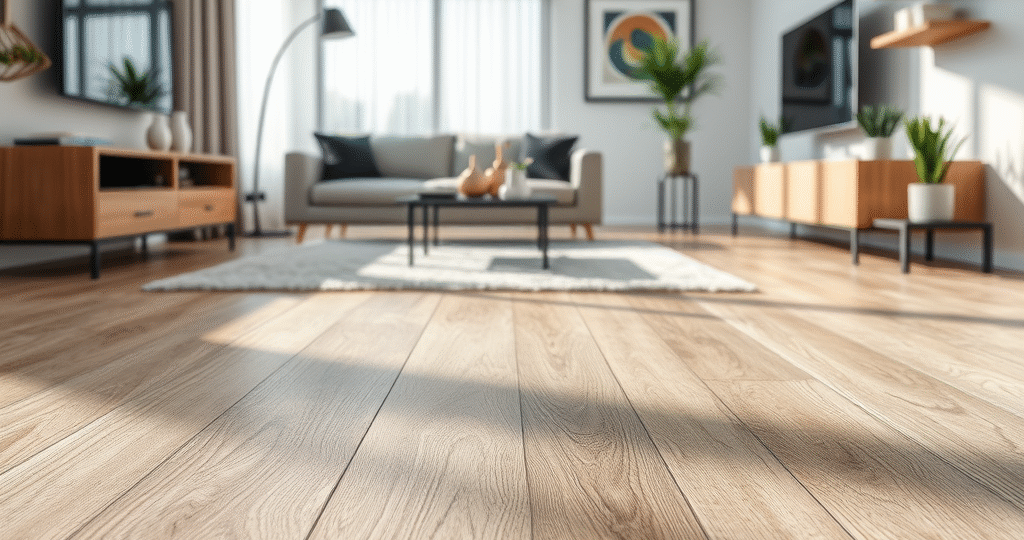 Close-up of SPC vinyl flooring plank with realistic wood grain texture