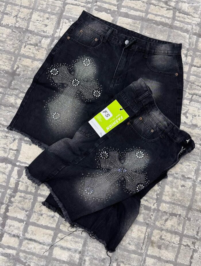 Rhinestone Cross Denim Shorts - Image 2